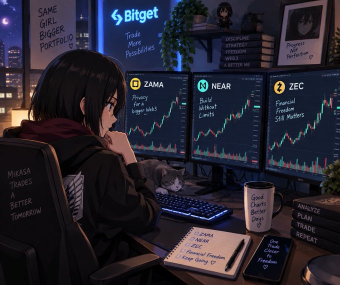 Anime-style illustration of a dark-haired girl sitting at a trading desk with three monitors displaying price charts for 'ZAMA', 'NEAR', and 'ZEC' cryptocurrencies, with a Bitget banner and motivational text including 'Same Girl Bigger Portfolio'.