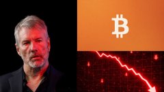 A split image showing a man on the left and a Bitcoin logo with a downward-trending red chart on the right against an orange background.