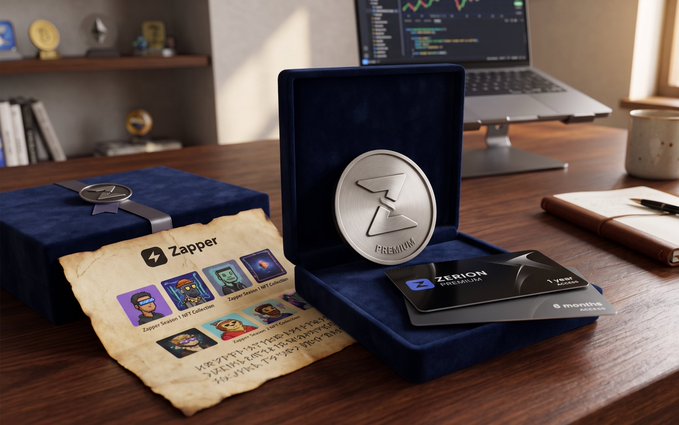 A promotional image showing a 'Zapper' branded NFT collection display with a premium silver coin/medal in a blue velvet box, accompanied by a parchment-style paper featuring character cards.