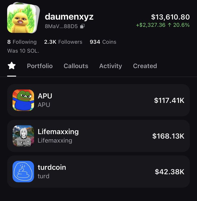 The image shows a screenshot of an app store page displaying various apps, including one called "Daumenxz", which appears to be a cryptocurrency trading app. The app has a total of 13,634 coins listed for sale on the App Store. The price of these coins is $1,834.83 each. The post also mentions that the user's account balance is $13,634.80 and they have 8 followers.