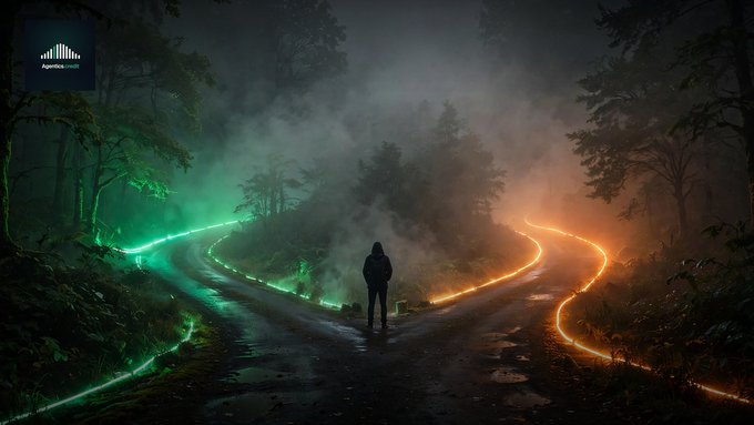 A dark, atmospheric digital artwork showing a hooded figure standing between two glowing light trails—one green on the left and one orange on the right—winding through a foggy forest road, watermarked with 'Agentius Invest'.