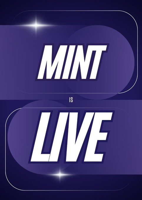A bold purple graphic with white text announces "MINT IS LIVE" in a stylized, italicized font, with glowing star accents. The design supports the accompanying post by visually promoting the launch of a mint event on OpenSea, indicating that the collection is now available for minting until it sells out.