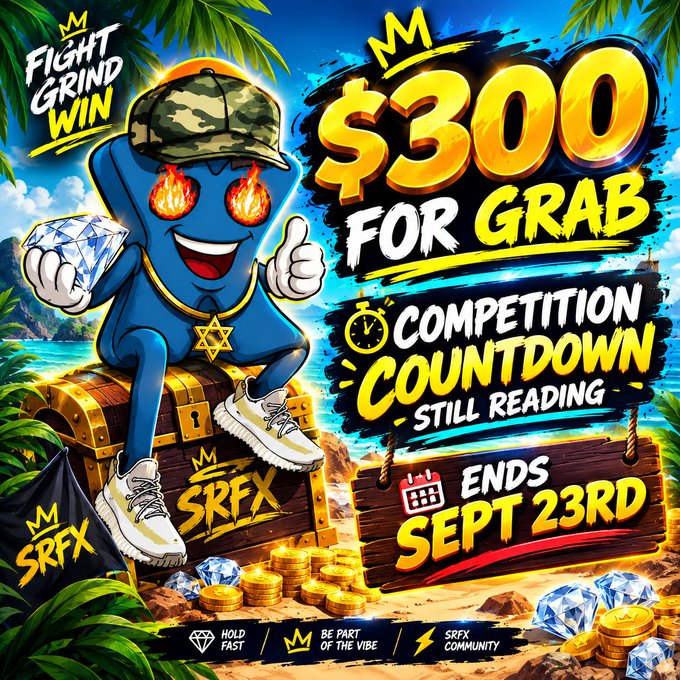 A vibrant promotional graphic for SRFX features a blue cartoon character wearing a camouflage hat with fire for eyes sitting on a treasure chest, advertising a '$300 FOR GRAB COMPETITION COUNTDOWN STILL READING ENDS SEPT 23RD' with 'FIGHT GRIND WIN' and 'SRFX' branding.