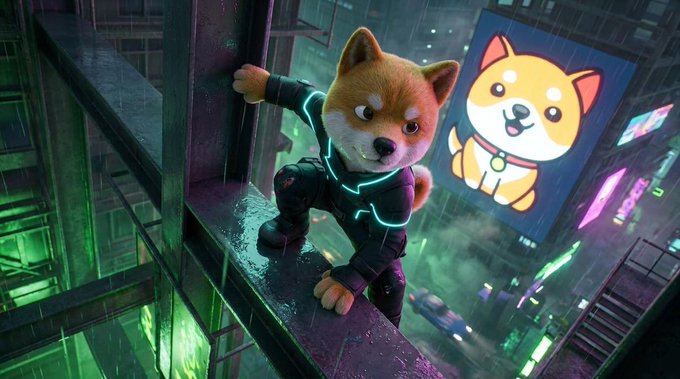 A stylized Shiba Inu dog in a black tactical suit with glowing neon green accents climbs a wet beam in a rain-soaked cyberpunk cityscape at night, while a billboard behind him displays the BabyDoge logo—a smiling cartoon Shiba wearing a collar—visually tying the scene to the post's focus on BabyDoge's milestone of reaching 1.95 million holders and its listing across 47 exchanges.