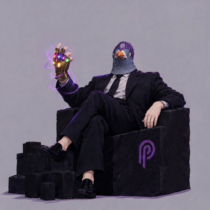 A digital illustration of a person wearing a suit and a pigeon mask, sitting on a black block throne with a purple logo, holding up a hand wearing a glowing Infinity Gauntlet.