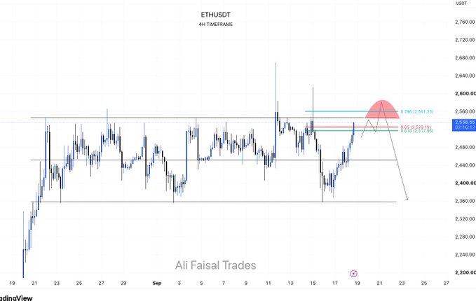 A 4-hour candlestick chart of ETHUSDT by Ali Faisal Trades showing price action around 2,560 with horizontal support/resistance lines marked at 0.618 (2,517.60), 0.65 (2,548.30), and 0.786 (2,561.25), with a highlighted potential reversal zone.