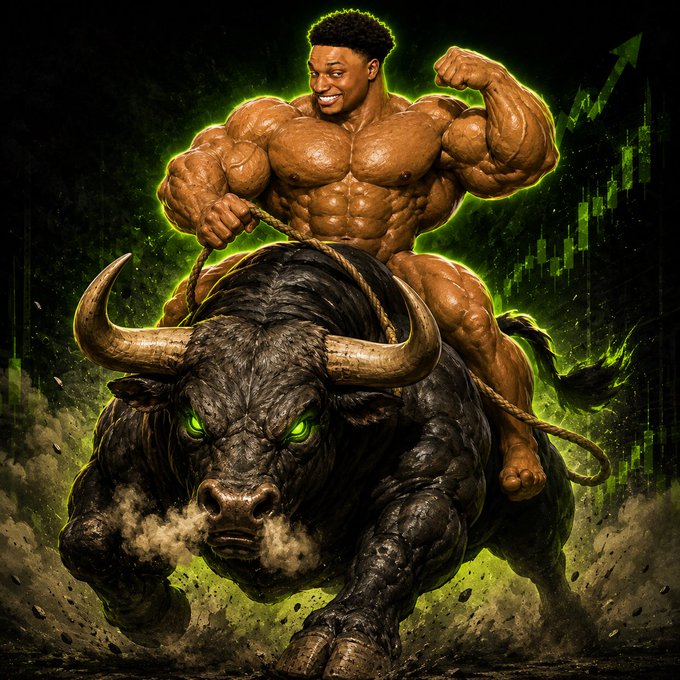 A digital illustration of a muscular man riding a powerful black bull with glowing green eyes against a green background.