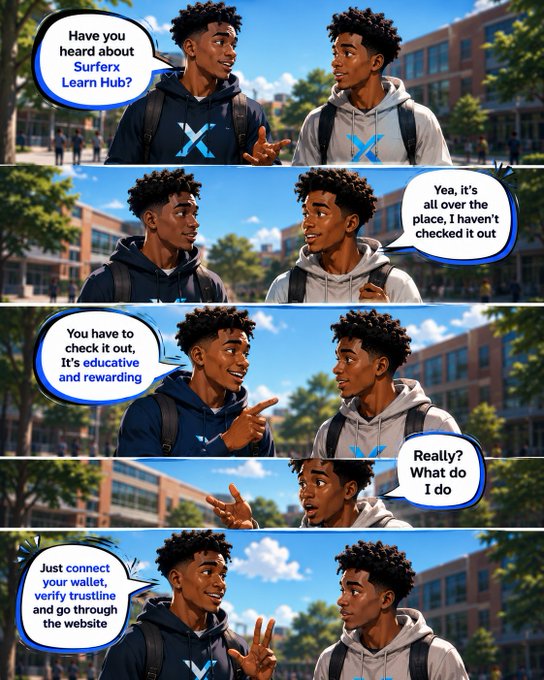 A comic-style advertisement featuring two characters discussing 'Surferx Learn Hub' with text bubbles about checking out an educational and rewarding platform through wallet connection.