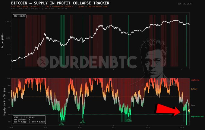 The image displays an overlay of a stock chart with a graphic of the actor Edward Ratajewski, positioned behind bars above the graph showing cryptocurrency trading. The overlay includes information about Bitcoin prices, including past capitals and current values for Bitcoins and other cryptocurrencies. A red arrow is present in the image pointing down to "the bottom" or "past capitulations".