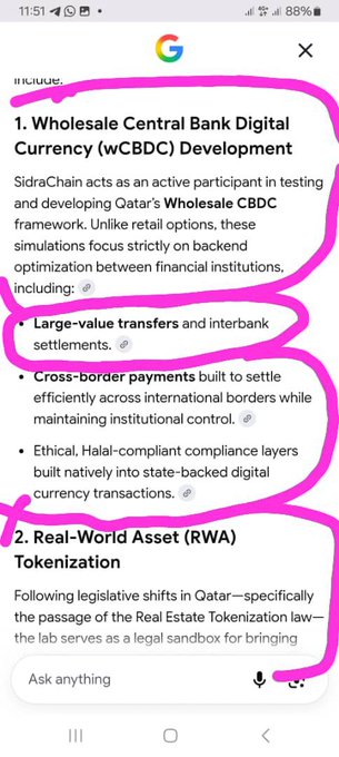 A mobile phone screenshot shows a Google search result page with the text about 'Wholesale Central Bank Digital Currency (wCBDC) Development' and 'Real-World Asset (RWA) Tokenization' heavily circled in bright pink marker.