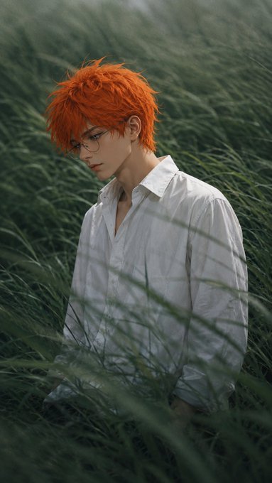 A young man with vibrant orange hair and round glasses stands in a field of tall, wind-swept green grass, wearing a loose white button-up shirt while gazing downward with a contemplative expression. The serene, nature-filled setting mirrors the post's calm, motivational tone, evoking a peaceful morning energy as if inviting followers to start the day with quiet confidence and intention before tackling the day's challenges together.