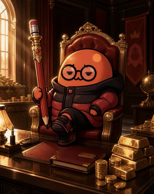 An illustrated cartoon character with glasses and a red outfit lounging in an ornate throne-like chair while holding a large red pencil, surrounded by stacks of gold bars and coins.