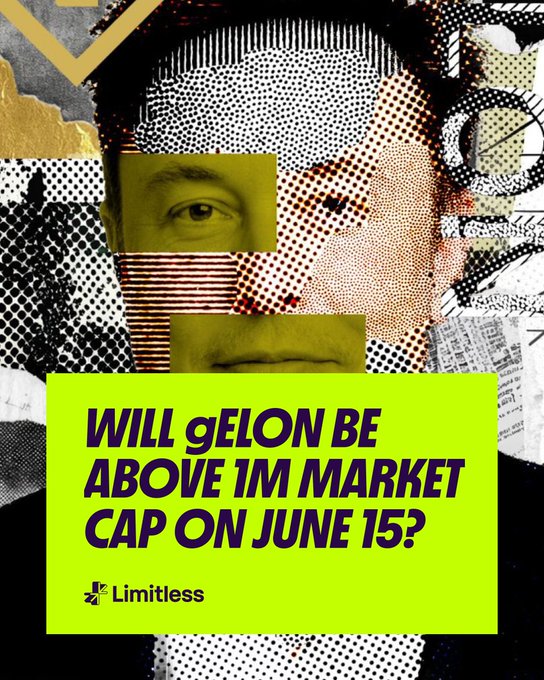 The image features a poster with a man's face, written in green text that says "Will Gelon Be Above 1M Market Cap On June 15?". The poster also includes a link to an article about the SpaceX IPO scheduled for this week.