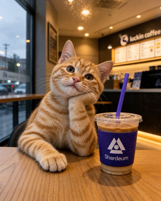 The image features a cute orange tabby cat sitting on top of a wooden table, with its paw resting on a cup of coffee. The cat appears to be posing for the camera while enjoying its drink. In the background, there are two chairs visible near another dining table. A sign can also be seen in the scene that reads "Gm Gm Gm Me and my coffee looking at the weekend like".