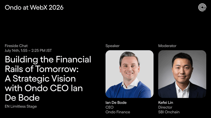 A promotional graphic for a fireside chat at WebX 2026 titled "Building the Financial Rails of Tomorrow: A Strategic Vision with Ondo CEO Ian De Bode," featuring headshots of speaker Ian De Bode (CEO, Ondo Finance) and moderator Kefei Lin (Director, SBI Onchain), scheduled for July 14th from 1:55–2:25 PM JST on the EN Limitless Stage.