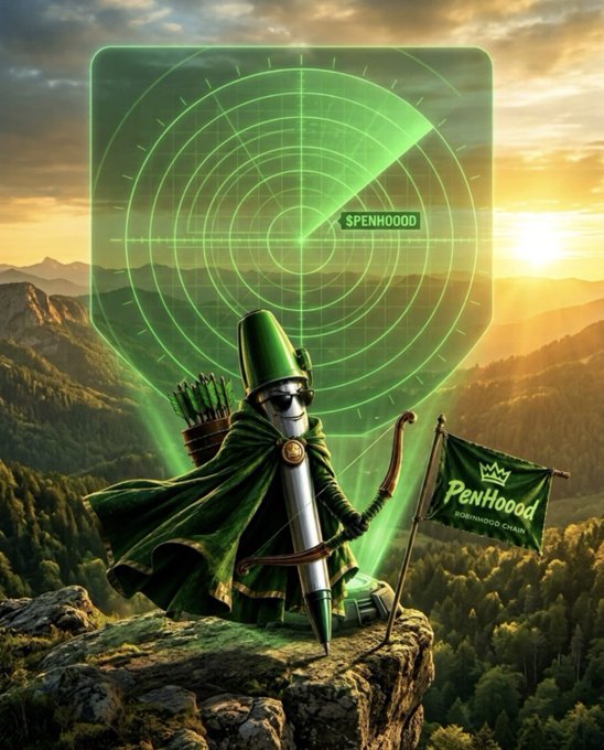 Digital artwork featuring a pen character dressed as a green archer with sunglasses and a cape, standing on a cliff overlooking mountains at sunset, with a green radar screen and a flag both labeled 'PENHOOD' in the background.