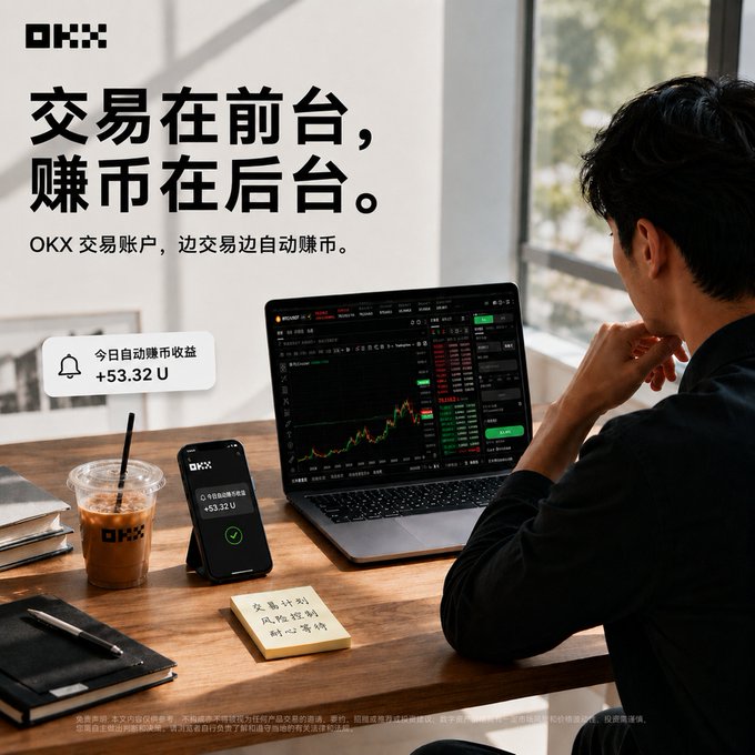 An OKX cryptocurrency advertisement features a man at a desk with a laptop showing trading charts and a phone displaying '+53.2 U', with Chinese text reading '交易在前台，賺币在后台' (Trade in front, earn in back).