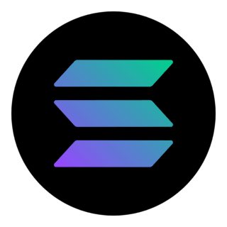 The Solana logo featuring three stacked, gradient-colored parallelograms in green, blue, and purple against a black circular background.