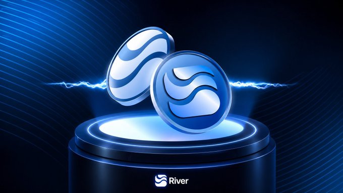 The image features a blue background with two coins floating in midair next to each other. The coins are silver and have blue swirls on them. They appear to be floating above a black platform or base, which has the words "River" written on it. Below the coins, there is text that reads "@River4fun @RiverdotInc". This suggests that the image might be related to an advertisement for a company named "River4Fun", and the coins could represent points earned by users who engage with the company's services or products. The floating coins symbolize the idea of accumulating river points, which can then be used to stake in the company's ecosystem.
