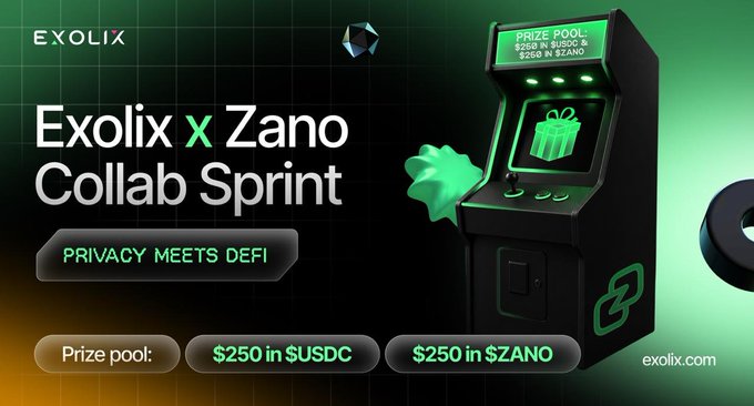 The image is a promotional graphic for the "Exolix x Zano Collab Sprint," featuring a neon-lit arcade machine with a gift box icon and a prize pool display showing "$250 IN USDC & $250 IN ZANO," alongside the tagline "Privacy Meets DeFi."

This visual ties directly to the post by illustrating the collaborative sprint between Exolix and Zano, highlighting the $500 total prize pool ($250 USDC + $250 Zano) and emphasizing the campaign's focus on privacy and DeFi.