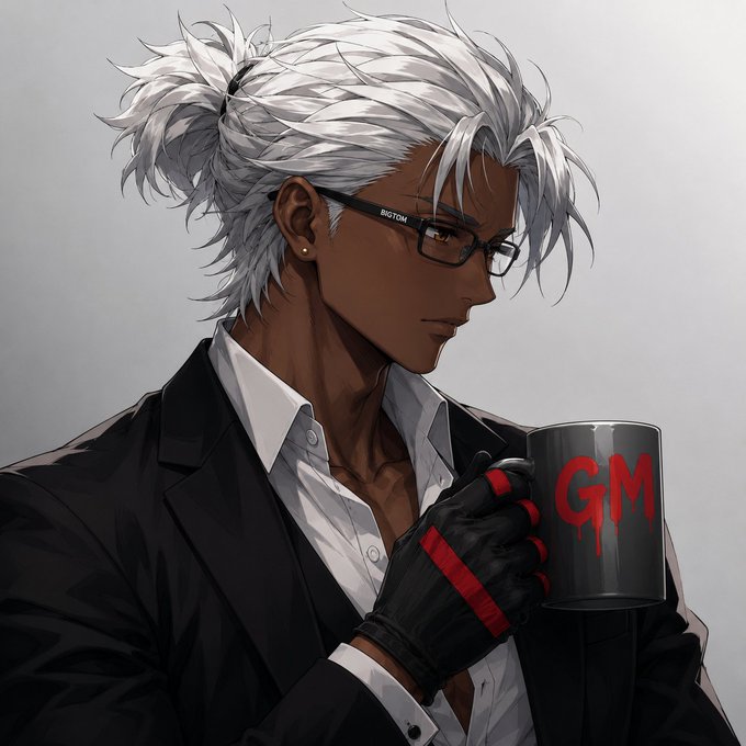 A dark-skinned anime-style character with white hair tied back, glasses, and a black suit holds a black mug displaying the red letters "GM," matching the "GM CT" post reference.