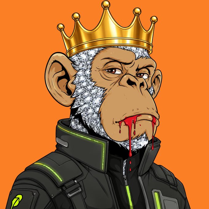 A cartoon illustration of a monkey wearing a gold crown and a black tactical jacket, with diamond-encrusted fur and red liquid dripping from its mouth, set against an orange background.