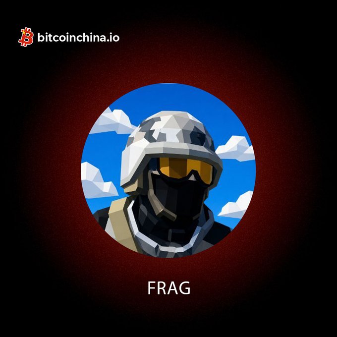 A promotional graphic from bitcoinchina.io features a polygonal-style illustrated character wearing a tactical helmet and yellow goggles set against a blue sky with clouds, displayed in a circular frame on a dark red background. The image is labeled "FRAG" below the artwork, corresponding to the $FRAG/SOL trading pair announcement for the FragsonSOL project.