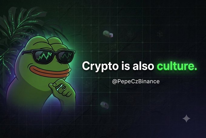 A graphic of the Pepe the Frog meme wearing sunglasses with the text "Crypto is also culture." and "@PepeCzBinance".