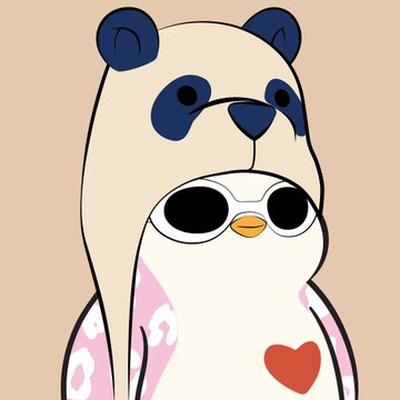 A cartoon illustration of a white bear-like character with blue ears wearing a pink hoodie with a heart, holding up a smaller black and white penguin-like character.