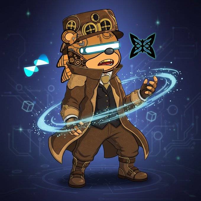 The image features a cartoon bear dressed in a brown suit, hat, and boots standing against a dark blue background with a silver butterfly floating above him. The bear appears to be wearing glasses and has a serious expression as he looks down at something on the ground. There are also two blue butterflies present in the scene.