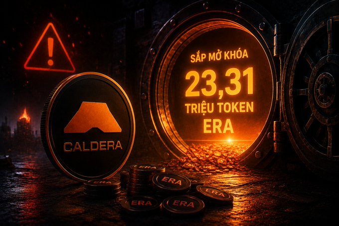 A dark, dramatic scene featuring a vault door and a gold coin labeled 'CALDERA', with Vietnamese text 'SẮP MỞ KHÓA 23,31 TRIỆU TOKEN ERA' displayed in glowing orange letters, alongside a red warning triangle and scattered ERA coins.