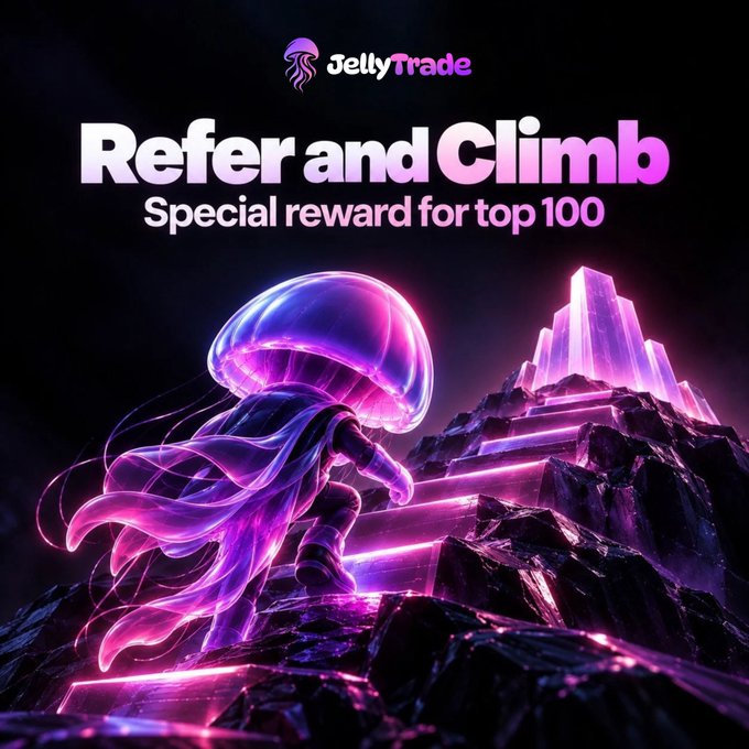 A vibrant JellyTrade promotional graphic featuring a glowing purple jellyfish character climbing crystal stairs toward a luminous peak, with the tagline "Refer and Climb - Special reward for top 100" highlighting their new leaderboard-based referral campaign.