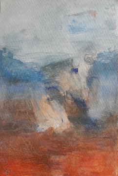 An abstract painting featuring blended brushstrokes in blue, white, peach, and earthy tones, creating a soft, textured composition.