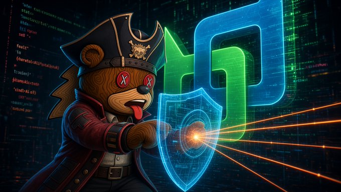 A cartoon illustration of a pirate bear character wearing X-logo glasses and a pirate hat, holding a glowing blue shield with code in the background.