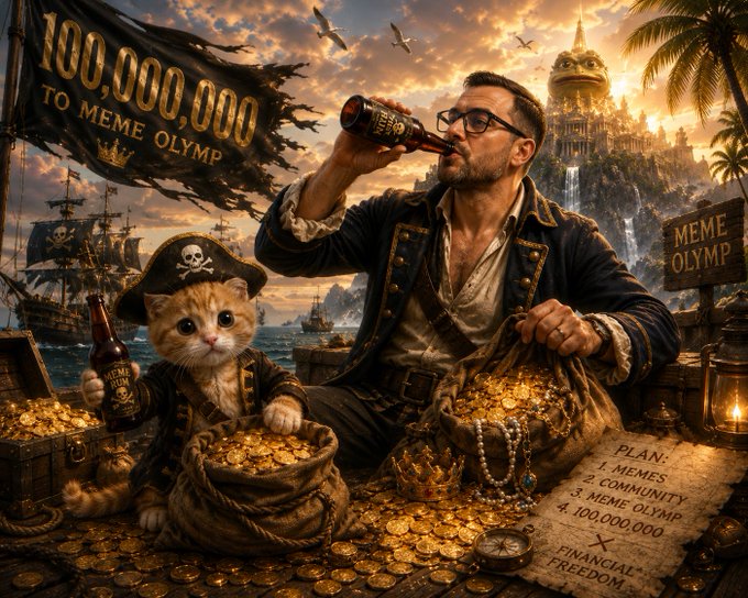 A digitally rendered pirate scene shows a man and a cat dressed as pirates drinking from bottles, surrounded by bags of gold coins and a banner reading '100,000,000 TO MEME OLYMP'. A plan scroll on the right lists '1. MEMES, 2. COMMUNITY, 3. MEME OLYMP, 4. 100,000,000' under the heading 'FINANCIAL FREEDOM'.