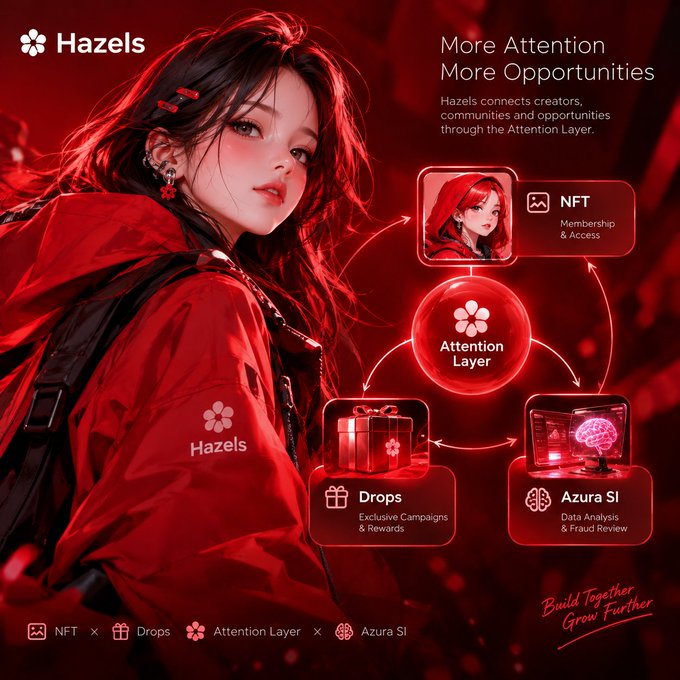 A red-toned promotional graphic for "Hazels" features a stylized portrait of a woman wearing a Hazels-branded jacket alongside the tagline "More Attention More Opportunities," illustrating how its ecosystem connects NFT membership, Drops campaigns, and Azura SI data analysis through a central "Attention Layer."
