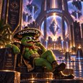 A green-skinned cartoon character wearing a pirate hat stands in an ornate, cathedral-like room with golden details.
