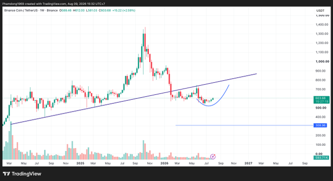 A TradingView weekly candlestick chart for Binance Coin/TetherUS (BNB/USDT) showing an ascending trendline and a cup-and-handle pattern near $603.68.