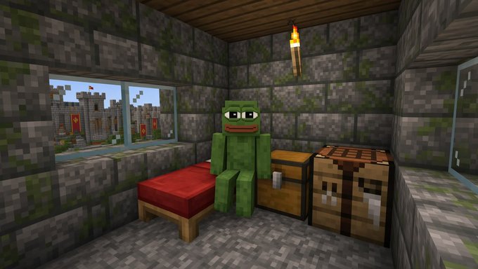 The image shows a Pepe the Frog character sitting on a red bed inside a mossy stone room in Minecraft, next to a chest and crafting table. The meme character, often associated with crypto and internet culture, relates to the post's mention of NFTs and the desire for a "comeback" in the crypto/NFT space.