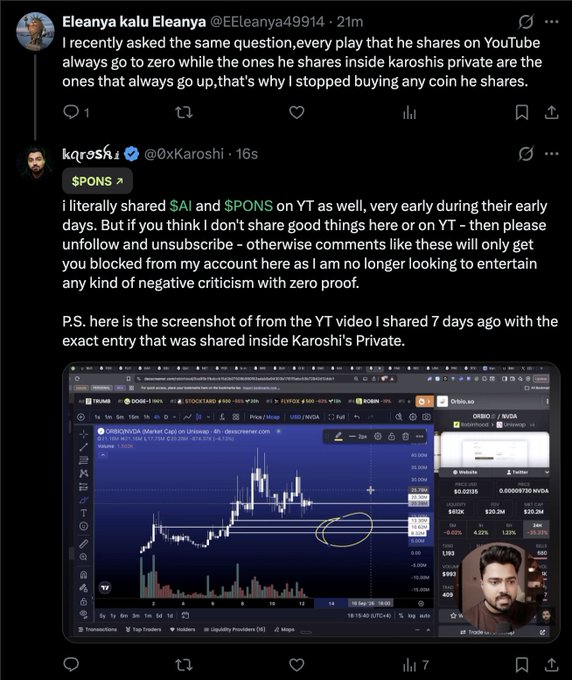 A Twitter/X exchange shows user @EEleanya49914 criticizing Karoshi, followed by @0xKaroshi's defensive reply about sharing $AI and $SPONS, including a TradingView screenshot of an ORBO/NVDA chart.