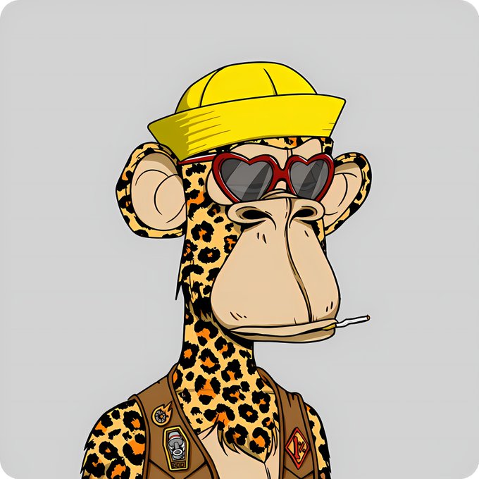 An NFT-style cartoon illustration of a giraffe-like character wearing a yellow sailor hat, heart-shaped red sunglasses, and a vest with patches.
