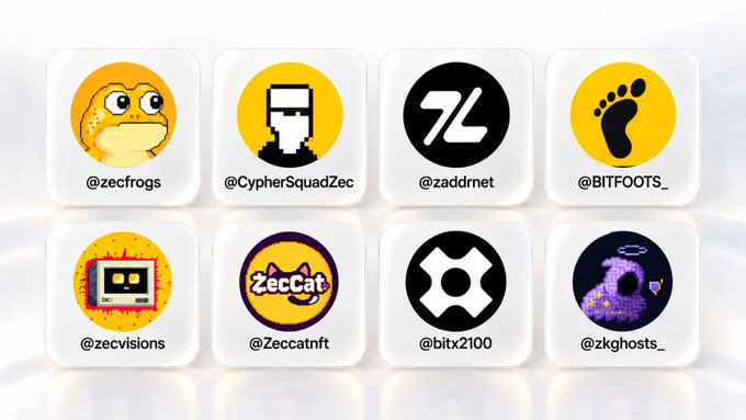 A collection of eight NFT project logos displayed in rounded square tiles, including @zecfrogs, @CypherSquadZec, @zaddrnet, @BITFOOTS_, @zecvisions, @Zeccatnft, @bitx2100, and @zkghosts_ against a light background.