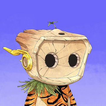 A digital illustration of a character with a wooden box for a head featuring dark oval eyes, adorned with small plants growing from it and wearing tiger-print clothing.