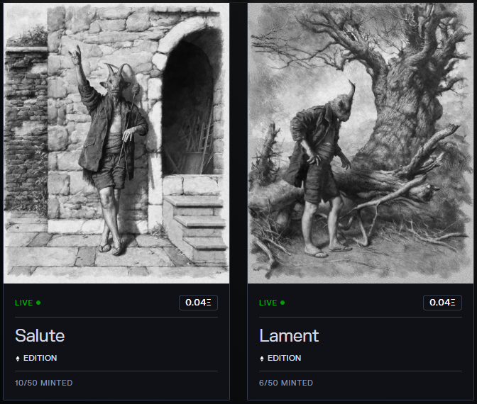 The image shows two black and white drawings of a man standing next to a tree, with one drawing being a portrait and the other depicting an action scene. The drawings are labeled as "Salute & Lament" by @Minotaur_Man, which indicates that they have been added to the @chazart Vault. Additionally, there is a post on the website that reads "@TransientLabs", suggesting that this artwork has been curated and displayed for viewers to appreciate.