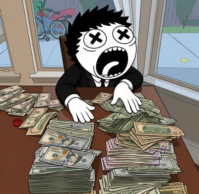 A cartoon illustration of a character with X's for eyes screaming excitedly while surrounded by stacks of hundred-dollar bills on a table.