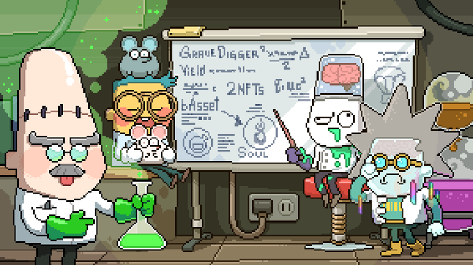 A pixel art cartoon scene depicting mad scientists in a lab with a whiteboard showing 'GRAVEDIGGER', '2NFTs', and 'SOUL', with various zombie-like characters.