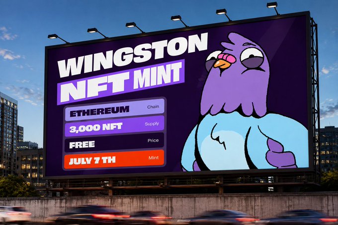 A billboard advertises the Winston NFT mint on Ethereum, featuring a purple cartoon bird and highlighting a free mint of 3,000 NFTs on July 7th.