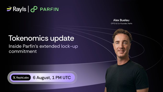 A promotional graphic for a Rayls Labs AMA event featuring Alex Buelau, CPTIO & Co-Founder of Parfin, scheduled for August 6th at 1 PM UTC. The image ties into the announcement by highlighting the "Tokenomics update: Inside Parfin's extended lock-up commitment," which elaborates the 11% supply lock-up details discussed in the post.