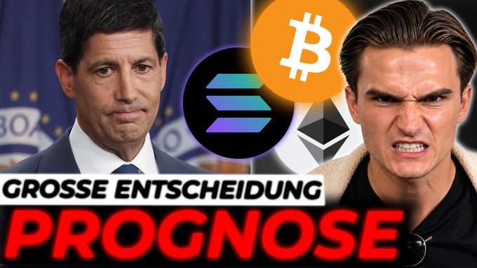 A German YouTube thumbnail features a man and a crypto influencer with Bitcoin, Solana, and Ethereum logos, along with the text 'GROSSE ENTSCHEIDUNG PROGNOSE'.