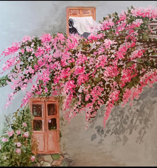 A painting depicting a building facade covered in cascading pink bougainvillea flowers, with a wooden door below and a window above showing a draped white cloth.